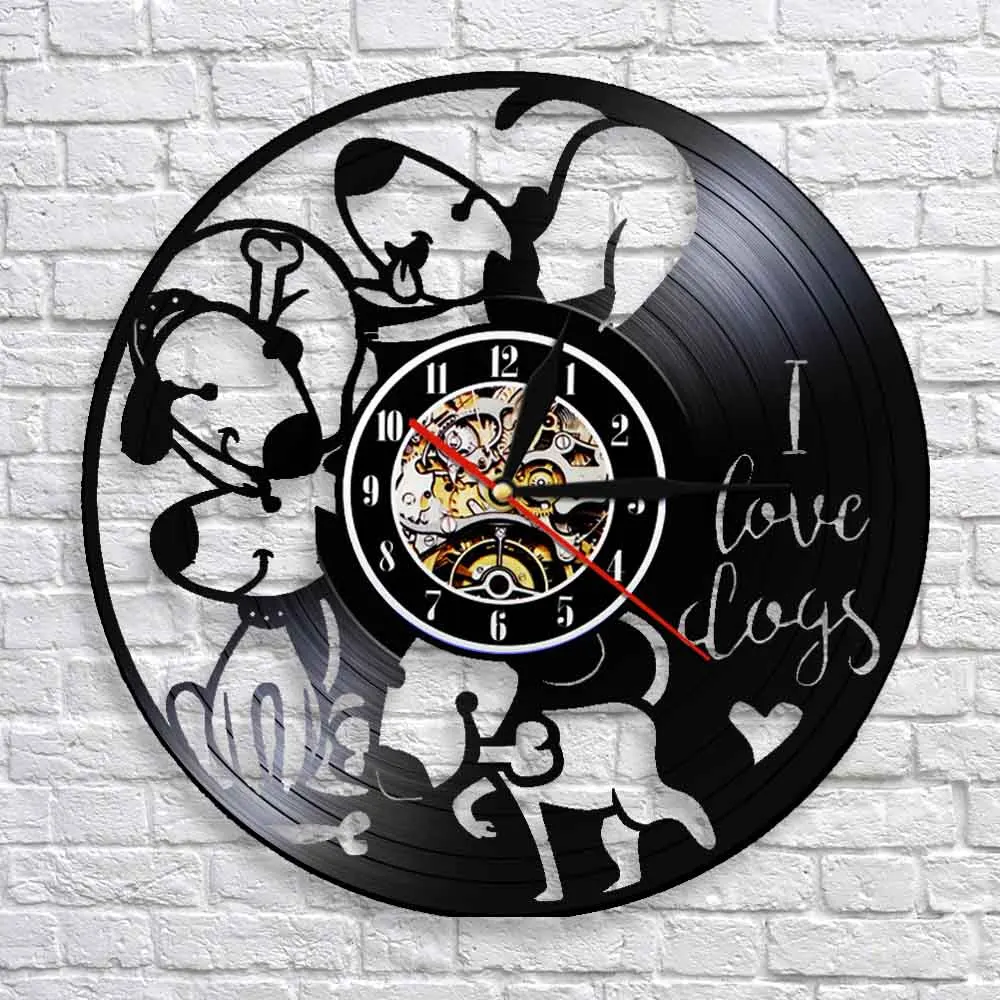 Dog Breed Vinyl Record Wall Clock Animals Dog Doggy Puppy Silhouette Shadow Wall Clock 3D Wall Watches Modern Wall Art Decor