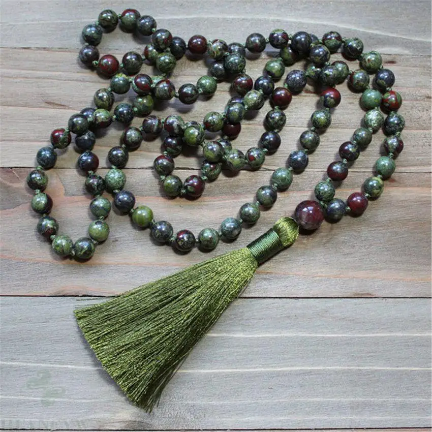 8mm Natural Dragon Blood Jasper 108 Beads Tassel Mala Necklace Religious Buddhism Unisex Wrist Blessing