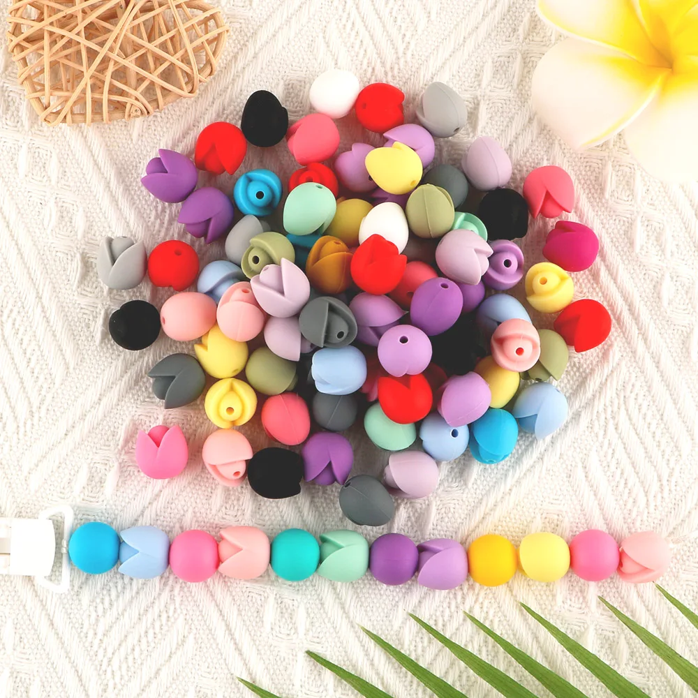 Sunrony Silicone Beads 20Pcs New Tulip Flowers For Jewelry Making DIY Pacifier Chain Necklace Accessories Chewable Nursing Toys