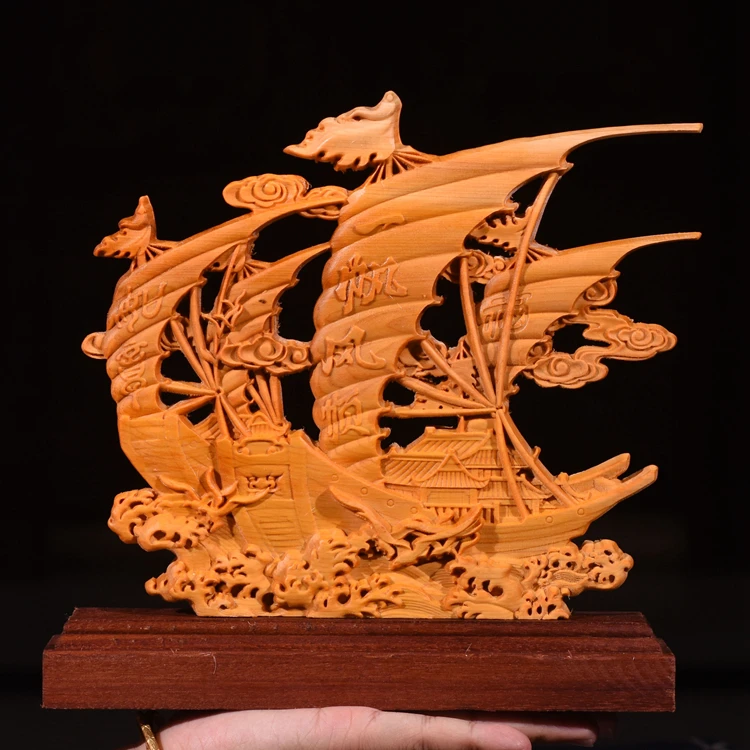 

Smooth Sailing Dragon Boat Double-Sided Wood Sculpture - Handcrafted Art with Red Wood Base, Elegant Home and Office Decoration