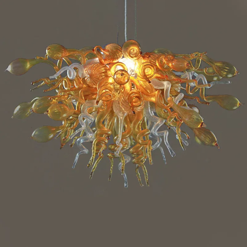 

Hand Blown Glass Chandelier Amber Clear Color Led Bulbs Chain Pendant Lamp 28 by 20 Inches