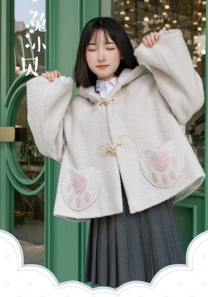 Cappotto corto in lana con orecchie di coniglio dolce lolita coreano stile Harajuku colletto alla peter pan stile preppy morbido ragazza principessa top giapponese