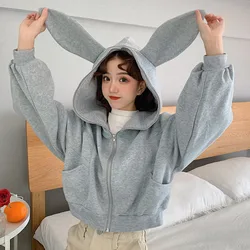 2025 Spring Autumn Kawaii Style Women Hoodies Funny Rabbit Long Ears Hooded Sweatshirt Long Sleeve Casual Zip Up Short Hoodie