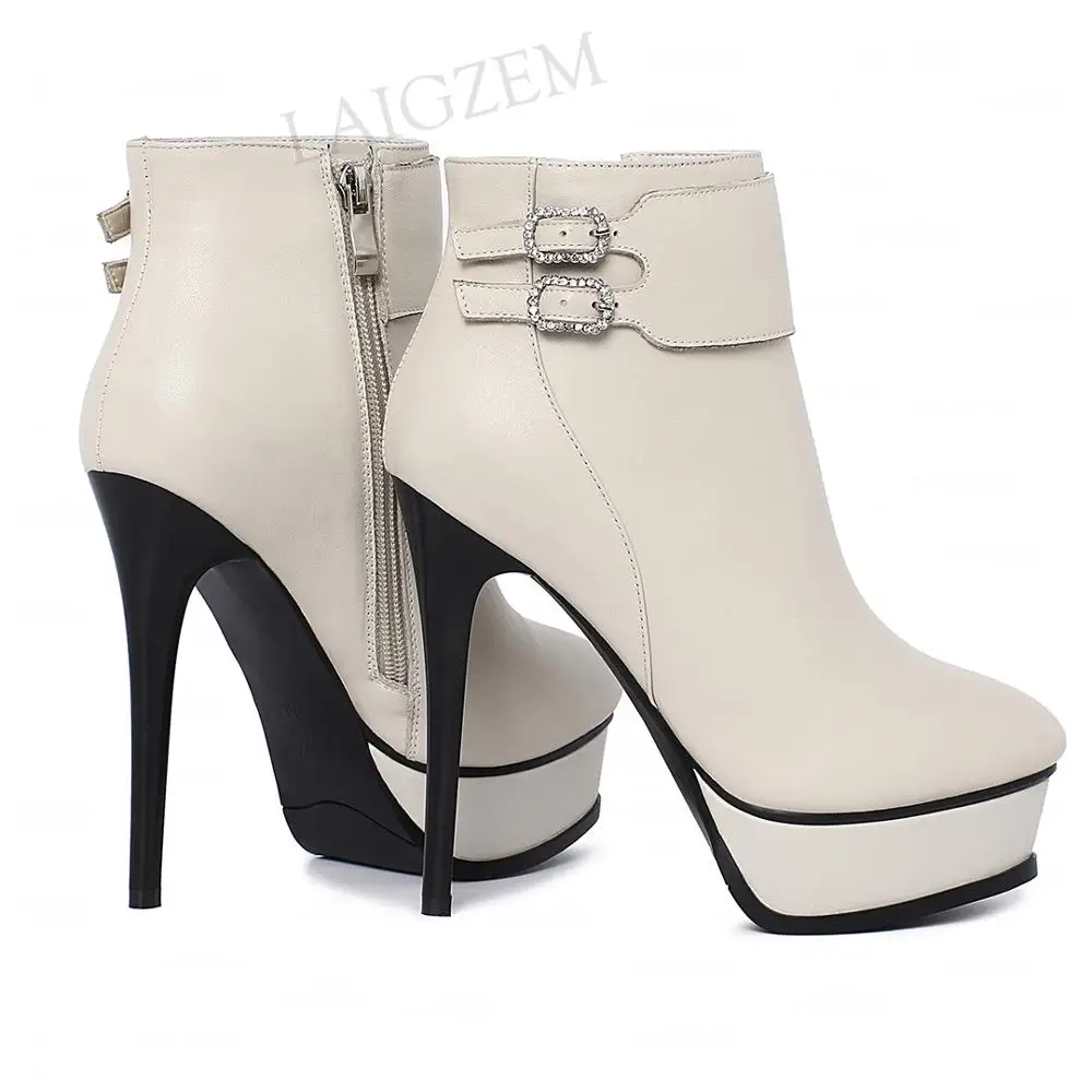 LAIGZEM FASHION Women Ankle Platform Boots Side Zip Real Leather Thin High Heels Booties Female Shoes Woman Big Size 33 38 39 41