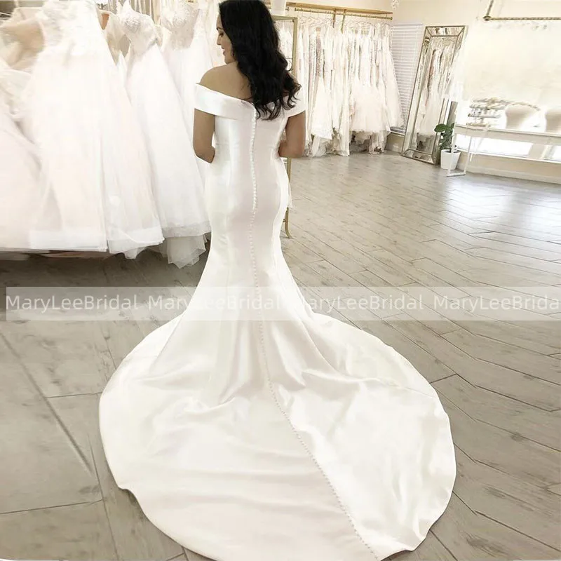 Customized Mermaid Wedding Dresses With Long Train White Ivory Korea Satin Wedding Bridal Gown Off The Shoulder abito da sposa