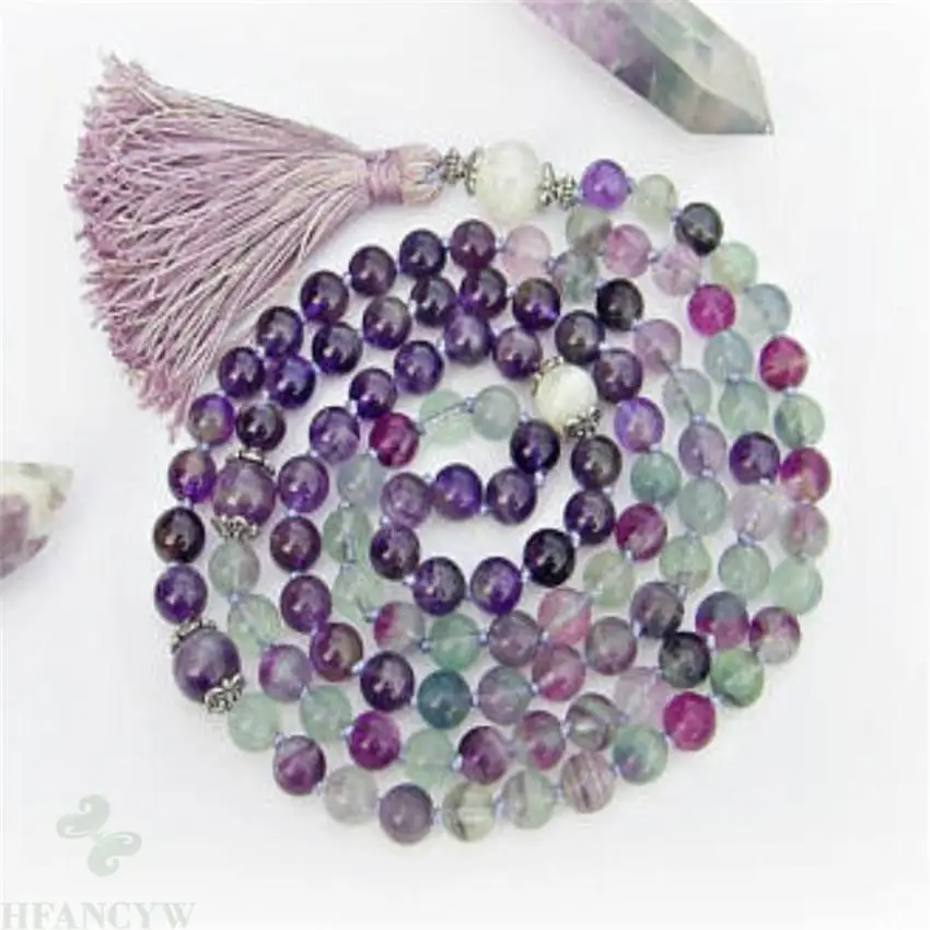 

8mm fluorite Amethyst Moonstone Gemstone Mala necklace 108 Bead Reiki yoga Gemstone Meditation Fancy Veins Nepal Bless Chakas