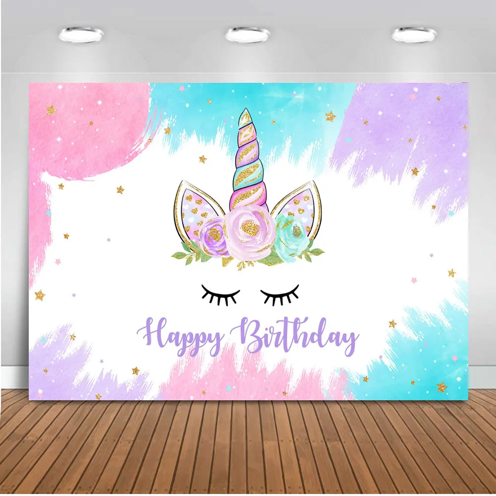 

Mocsicka Unicorn Backdrop Happy Birthday Theme Party Background for Photo Shoot Watercolor Floral Magical Stars Girls Birthday