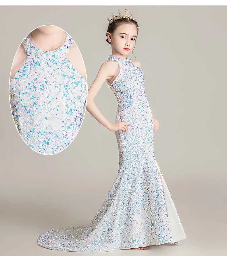 Sequin Kids Ball Gown Flower Girl Tailing Dresses Sleeveless Girl Princess Long Dresses for Kids Communion Wedding Party Clothes