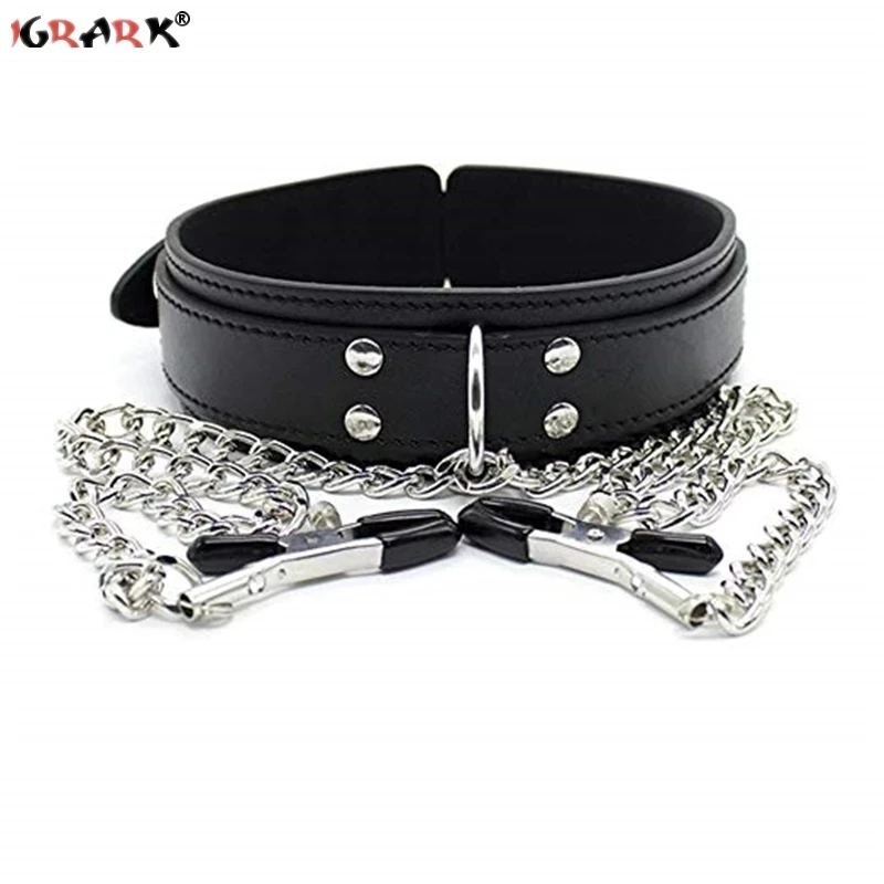 Leather Choker Neck Collar Metal Chain Nipple Breast Clamp Clip Bdsm Bondage Slave Erotic Sex Toys For Women Couples Adult Games