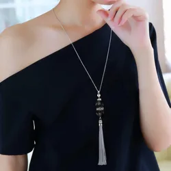 2024 New Crystal Bead Sweater Chain Necklace For Women Fashion Silver Color Tassel Pendant Long Necklace Statement Neck Jewelry