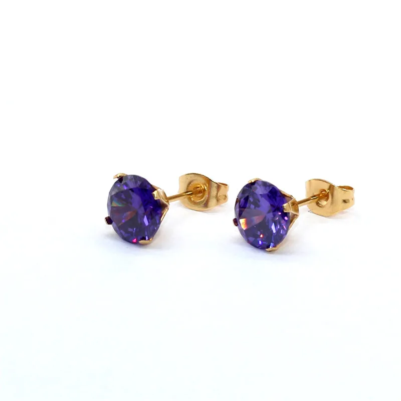 Size 3mm to 8mm 316L Stainless Steel Purple Color Round Zircon Stud Earrings  No Fade Allergy Free Brief Jewelry