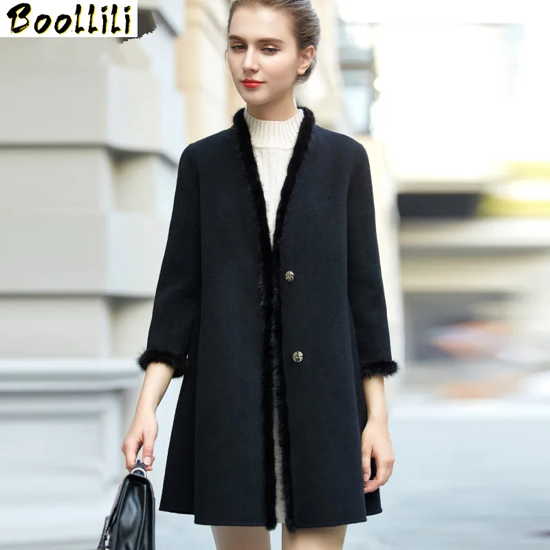 

2023 Wool Boollili Coat Female Autumn Winter Double Cashmere Jackets For Women Natural Mink Fur Collar manteau femme hiver