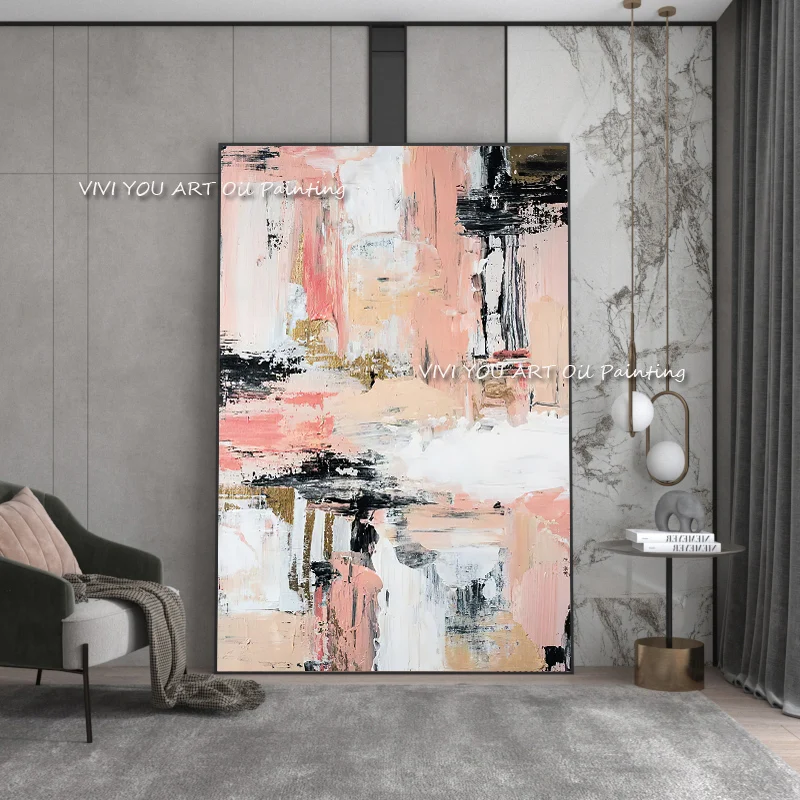 The Lastest Pink Abstract Modern Square White Handmade Black Thick Oil Painting Handpainted Textured Brush Wall Art Large Decor