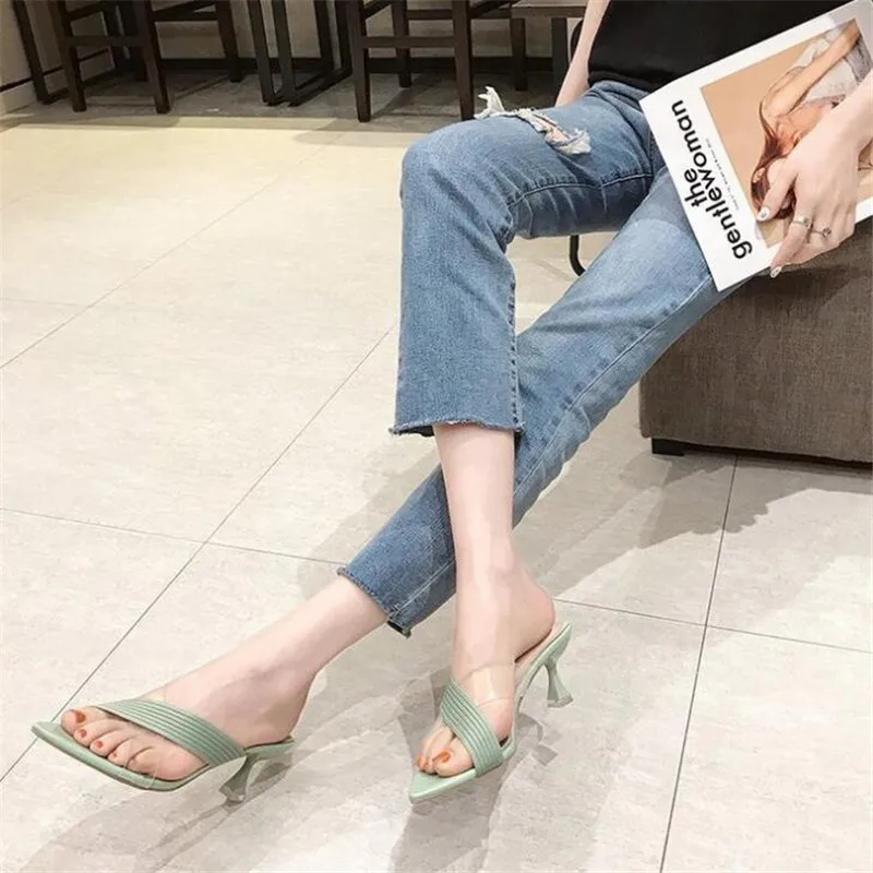 2023 Summer Women Yellow Green Beige Pumps Sandals For Ladies Sexy Mules High Heels Slip-on Slippers Slides Shoes Solid