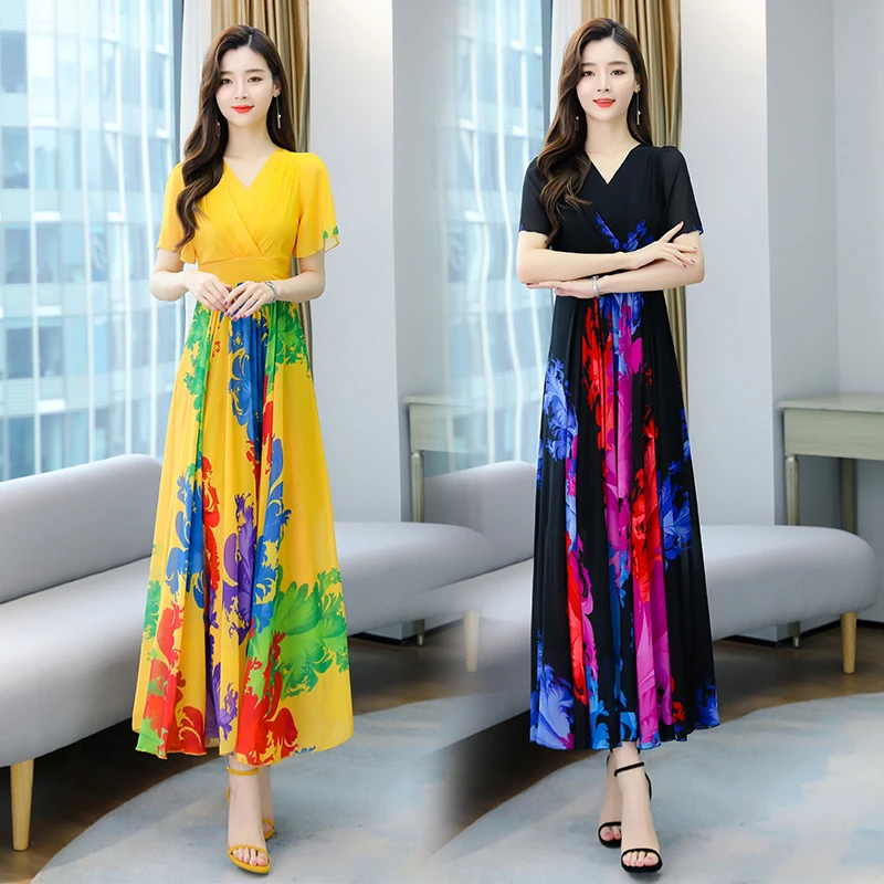 2021  Summer New Arrival Bohemian Style Flower Printed  Short Sleeve Women Chiffon Long Dress  M-4XL