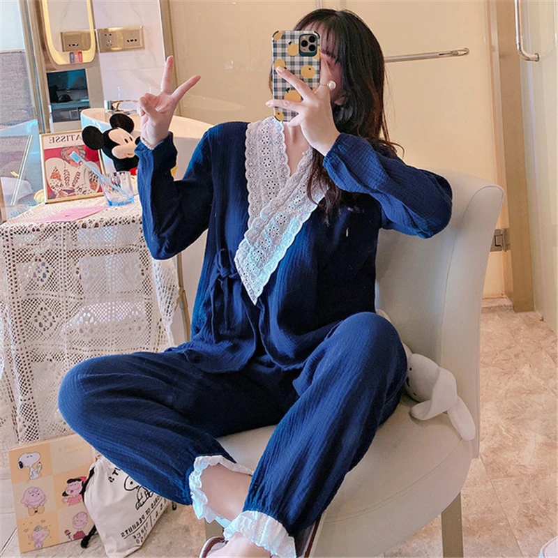 cotton kimono double-layer wrinkle gauze confinement maternity pajamas suit solid color sexy lace robe bathrobe women new 2020