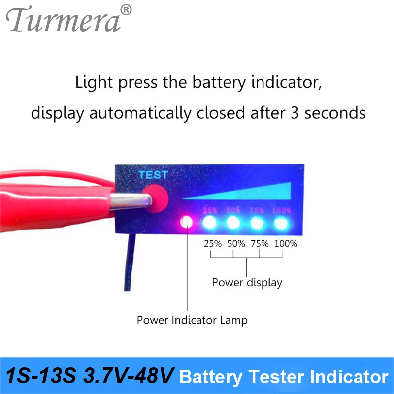 Turmera 1S-13S Battery Tester Capacity Indicator 4.2V 8.4V 12V 16.8V 18V 24V 25V 36V 48V for Screwdriver Battery and E-bike Use