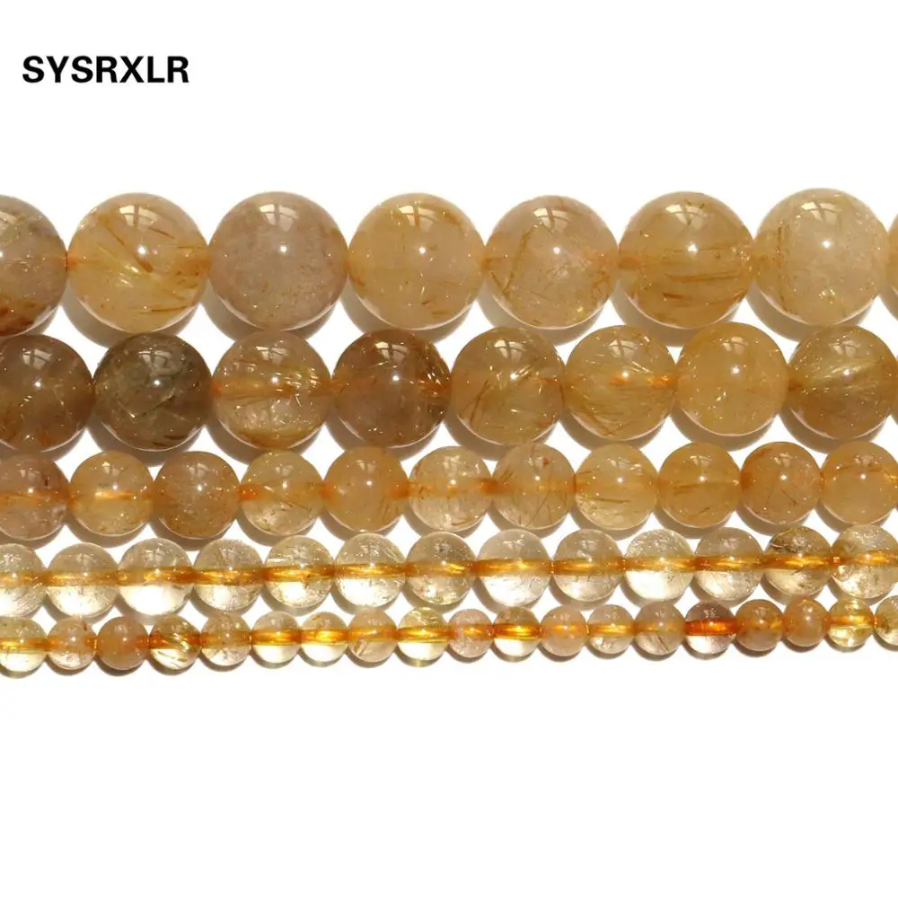 Natural Yellow Rutilated Quartz Citrines Stone Round Loose Spacer Beads For Jewelry Making DIY Bracelets Necklace 4/6/8/10/12mm