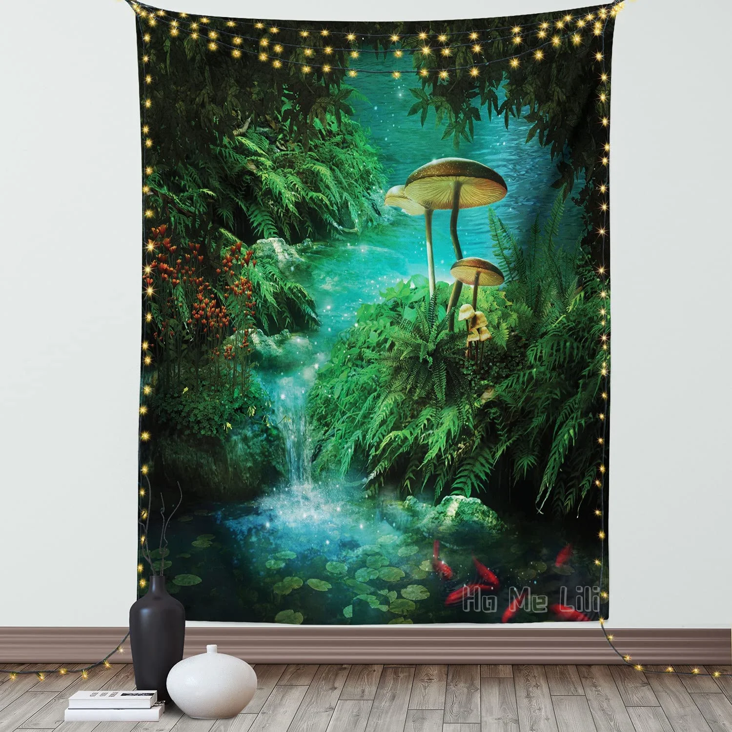 Vista de fantasía de estanque de Río surrealista y hongos de peces en árboles de la selva tapiz para dormitorio sala de estar decoración del dormitorio verde azulado