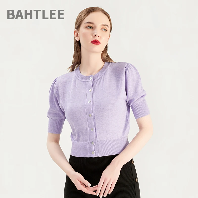 BAHTLEE-Merino Wool Cardigan for Women, Short Style Coat, Knitted Sweater, O-neck Short Sleeves, Shell Button, Spring and Summer