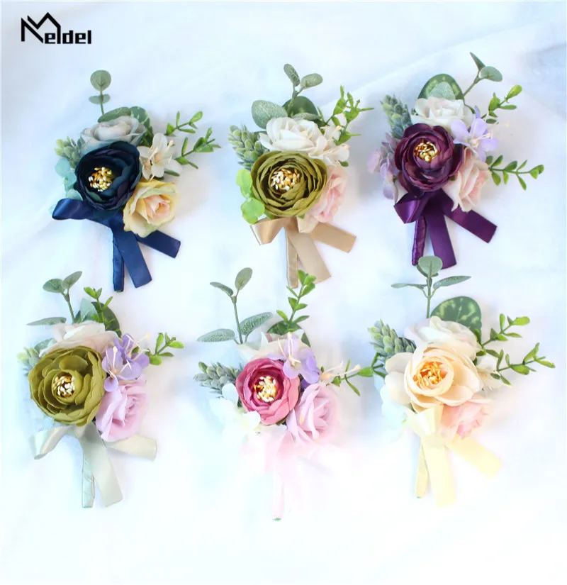 Meldel Cưới Corsages Và Boutonnieres Hoa Hồng Lụa Chú Rể Boutonniere Người Xòe Cưới Hôn Nhân Xòe Vòng Tay Hoa