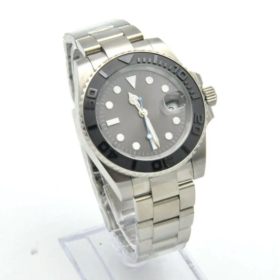 40mm Gray No LOGO Dial Ceramic Ring Mechanical Men\'s Automatic Watch Stainless Steel Bracelet