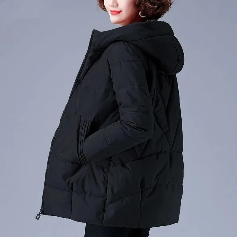 Mom Oversize 4xl Hooded Winter Coat Mid Length Parkas Women Casual Zipper Warm Quilted Cotton Jacket Basic Snow Wear Outwear