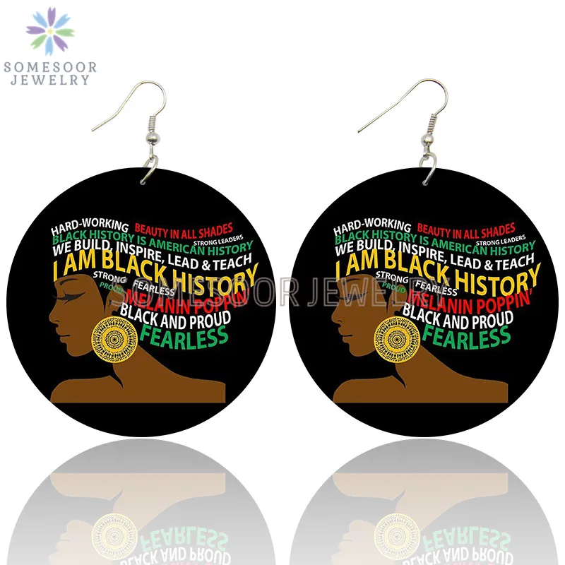 SOMESOOR I Am Black History Poppin Melanin Wooden Drop Earrings Inspired Afro Natural Hair Loops Dangle Jewelry For Women Gifts