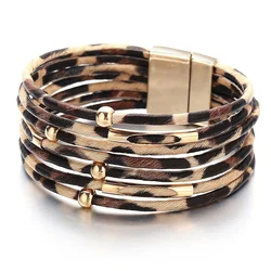 Pulsera de cuero con estampado de leopardo para mujer, brazalete ancho multicapa, elegante, joyería llamativa, 2019