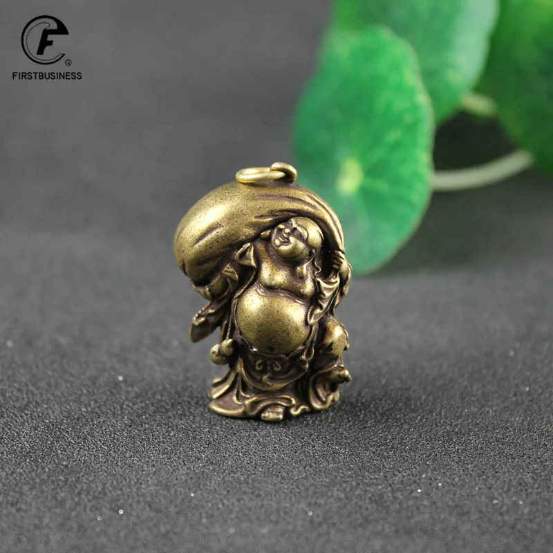 Brass Cloth Bag Maitreya Buddha Small Ornament Antique Copper Statue Miniature Figurine Home Decor for Living Room Tea Table Dec