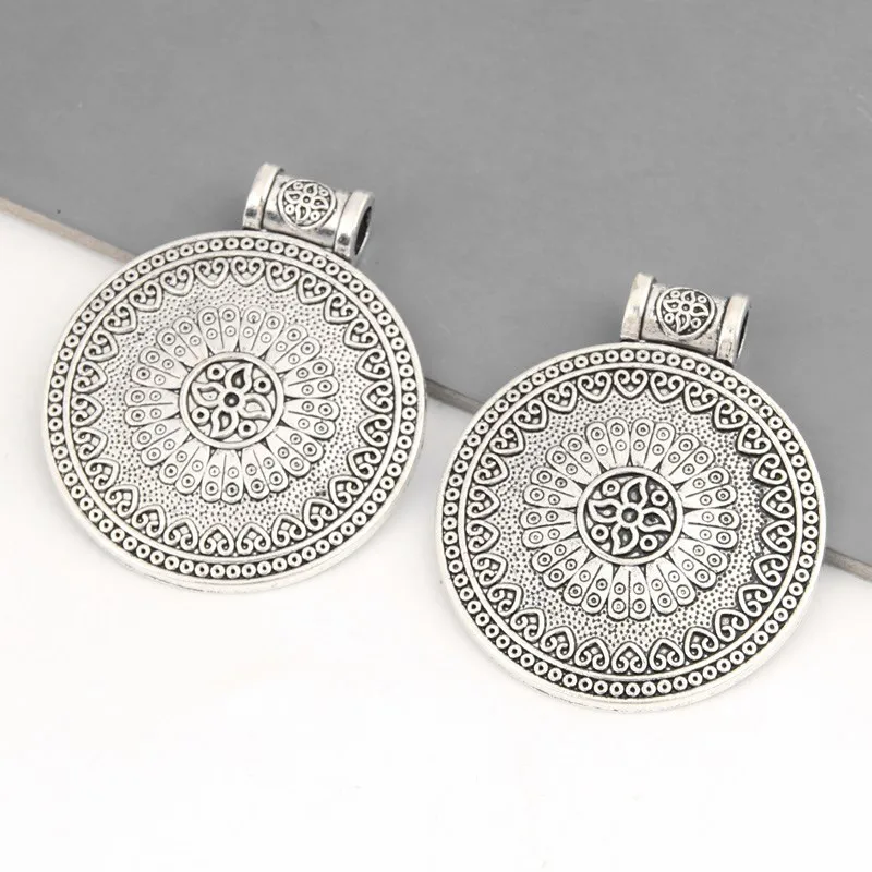 5pcs Silver Color 43x36mm Big Round Circle Charms Ethnic Style Pattern Pendant Fit DIY Jewelry Making Handcrafted Accessories