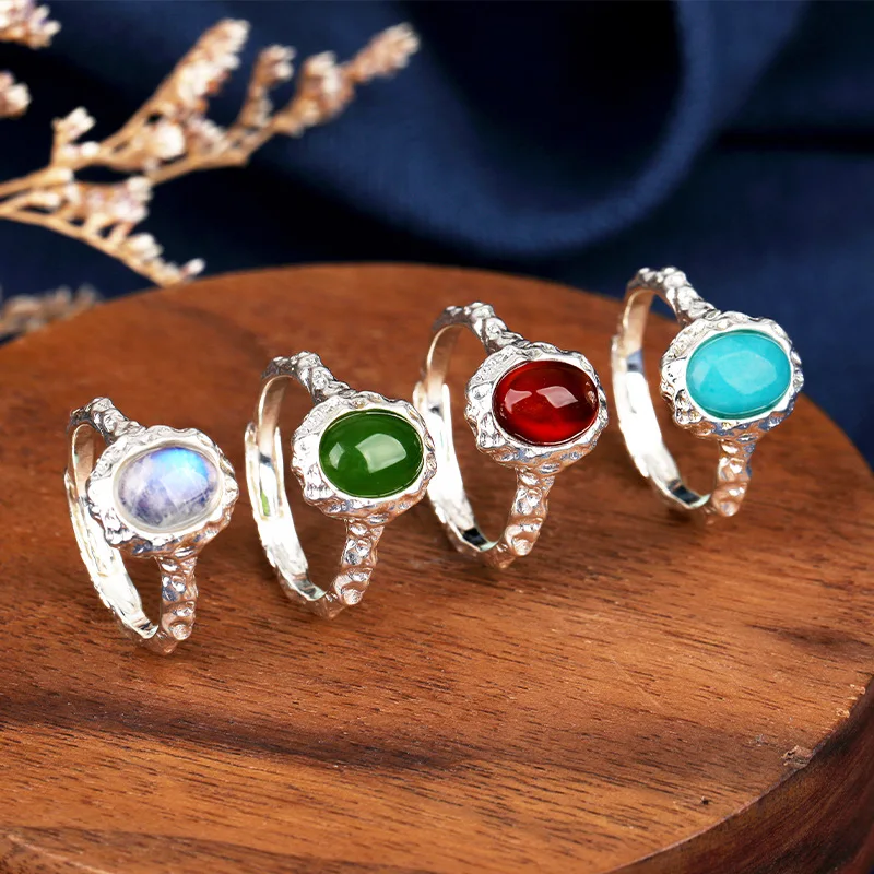 

925 Sterling Silver Inlay Natural Stone Rings For Women Moonstone Garnet Jasper Amazonite Ring Adjustable Party Wedding Jewelry