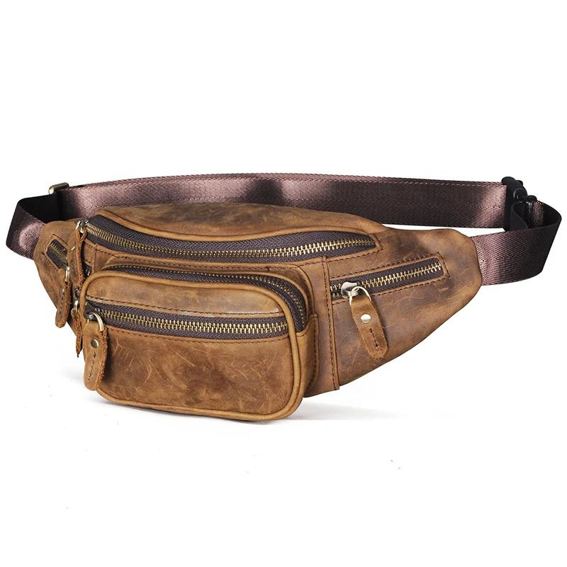 2021 Quality Thick Leather Vintage Male Travel Fanny Waist Belt Bag Sling Chest Pack Design Bum Phone Cigarette Case For Men 346