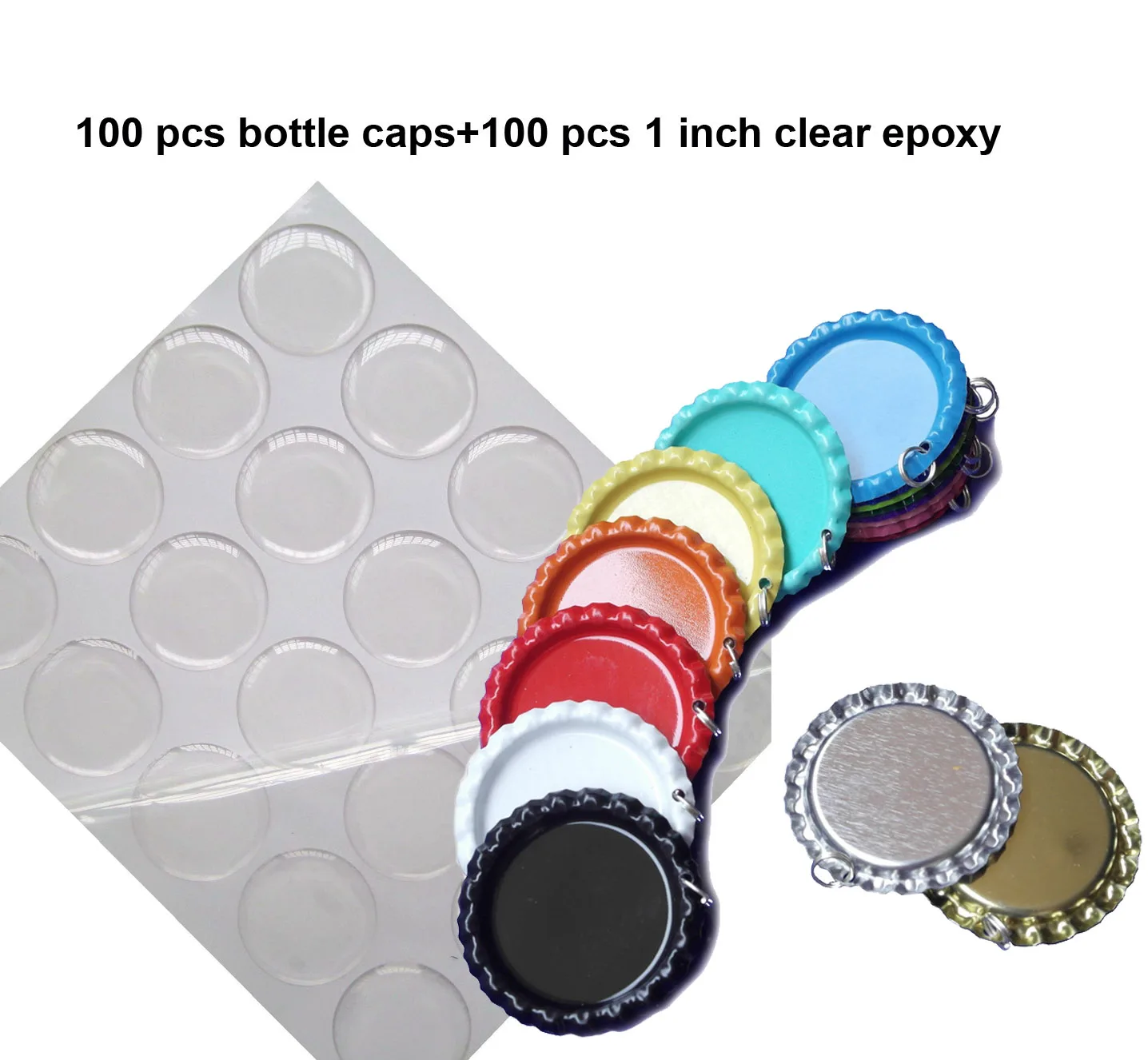 

120pcs 1" 25m Flattened Beer Bottle Caps With Split Ring&120pcs Clear Epoxy Resin Sticker For DIY Hairbow Jewelry Accessories