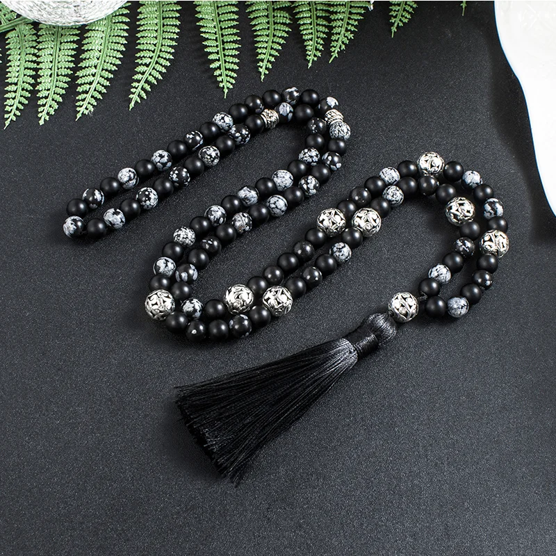 8mm Snowflake Obsidian Frosted Black Agate Beaded 108 Mala Necklace Meditation Yoga Prayer Jewelry  for Men and Women