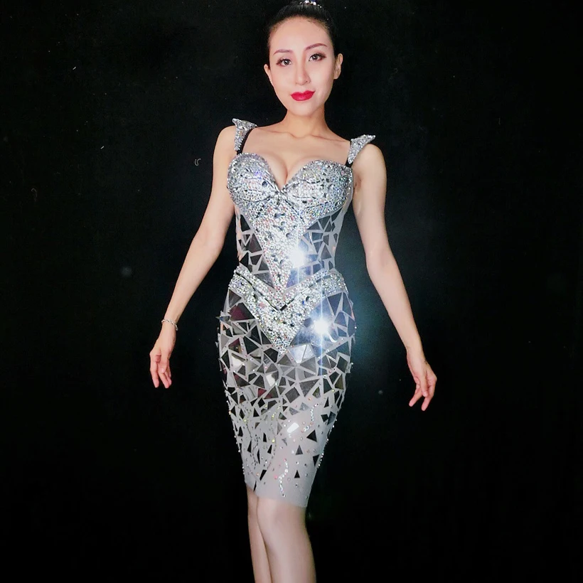 Shining Silver Sequins Rhinestone Dress Celebrate Bling gold Mirror Dresses Women Birthday Bright Sexy Costume