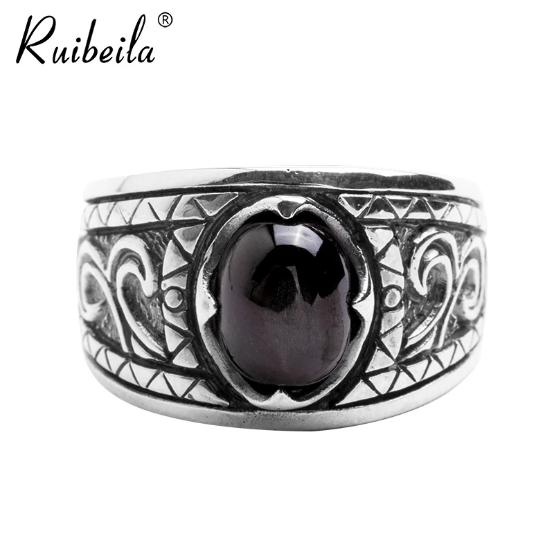 ruibeila retro Tang grass pattern black agate gemstone open ring 100% 925 silver adjustable size jewelry ring