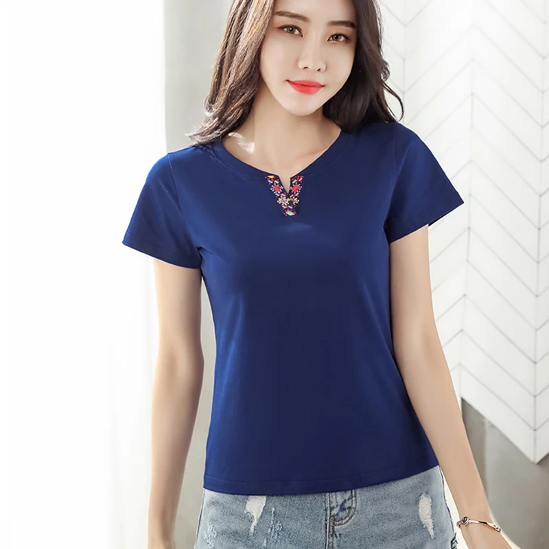 Tee Shirt Femme Embroidery Floral V-Neck Short Sleeve T Shirt Women Summer Tops Cotton Tshirt Korean Clothes T-Shirt Female