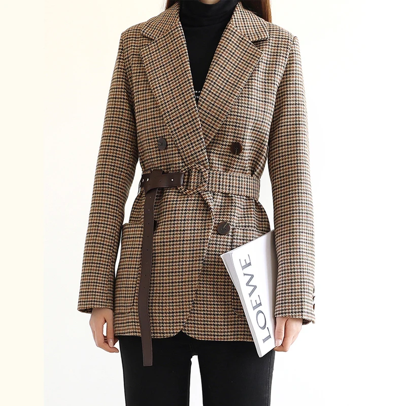 2021 Fashion Vintage Houndstooth Women Blazer Sashes Double-Breasted Plaid Female Suit Jacket Long Sleeve Pockets Top Femme