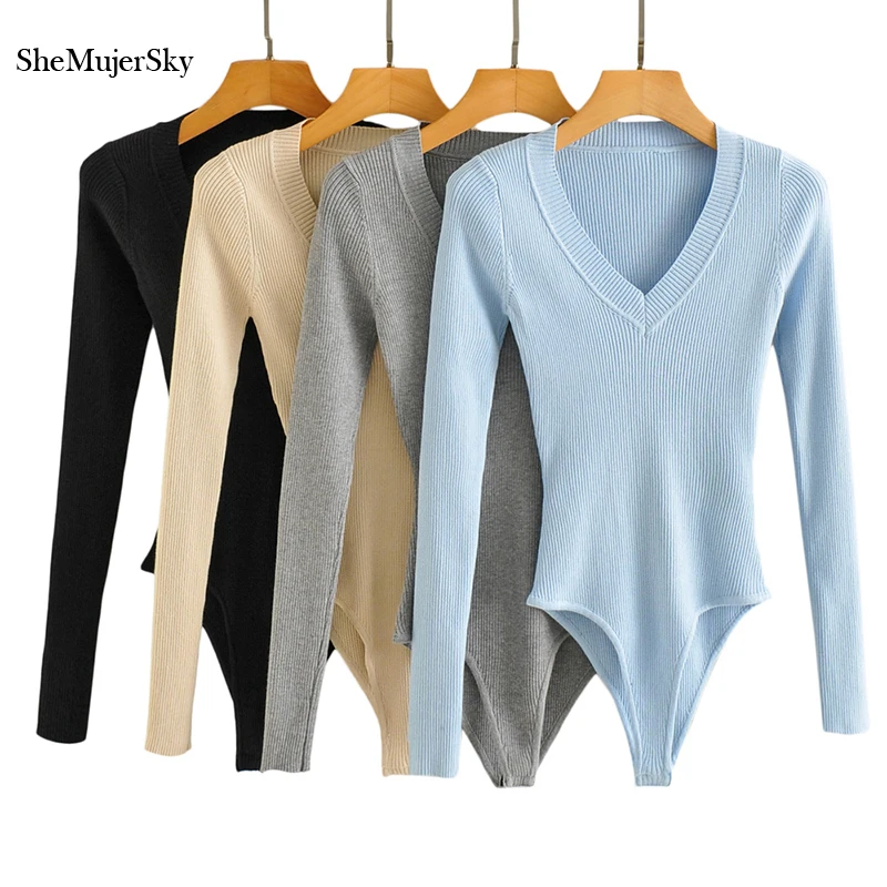 SheMujerSky Women V-neck Long Sleeve Knitted Bodysuit Solid Color 2021 High Elastic Slim Spring Autumn Jumpsuits