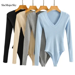 SheMujerSky Women V-neck Long Sleeve Knitted Bodysuit Solid Color High Elastic Slim Spring Autumn Jumpsuits