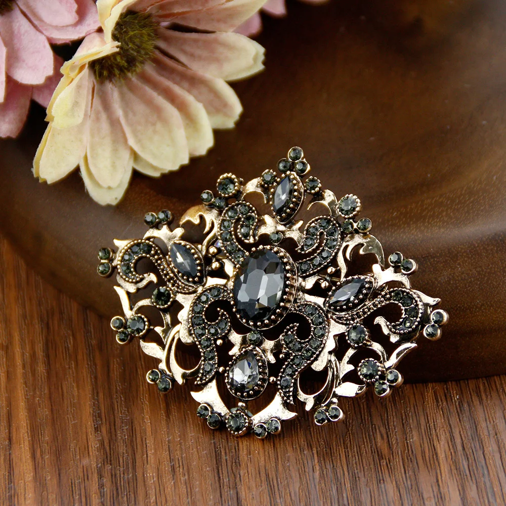 Sunspicems Retro Vintage Gray Crystal Turkish Brooch For Women Flower Bohemia Jewelry Antique Gold Color Ottoman Wedding Bijoux