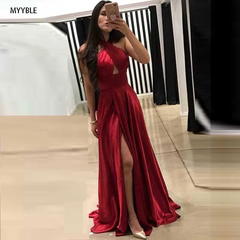 2020 Sexy Robe De Soiree Evening Dress Halter Vestidos Satin A Line Side Split Party Gown Evening Gowns Vestido Para Festa Longo