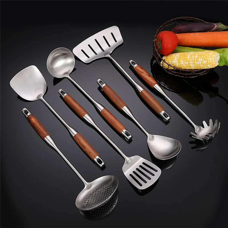 304 Stainless Steel Wooden Handle Cooking Utensil Spatula Shovel Spaghetti Rice Spoon Colander Kitchenware Kitchen Accessories