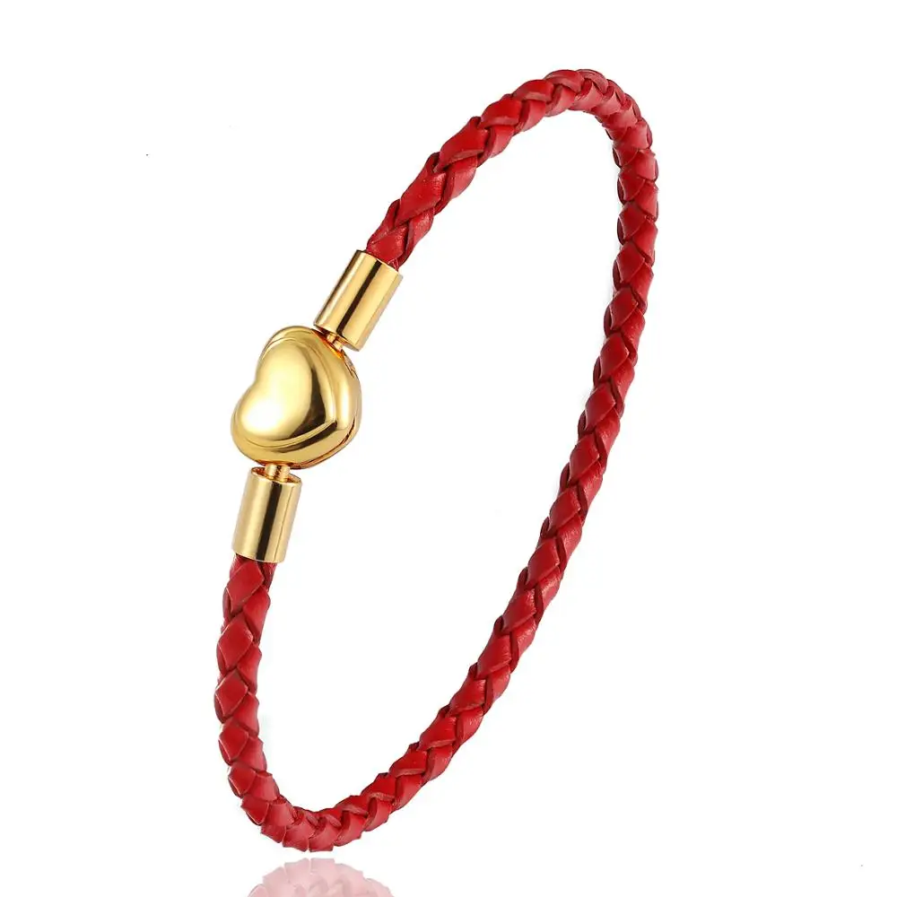 Fashion Women Gold Plated Lover Bracelet Bangle Leather Chain With Love STAINLESS STEEL Clasp Pan Bracelet Bead Charms Bracelet