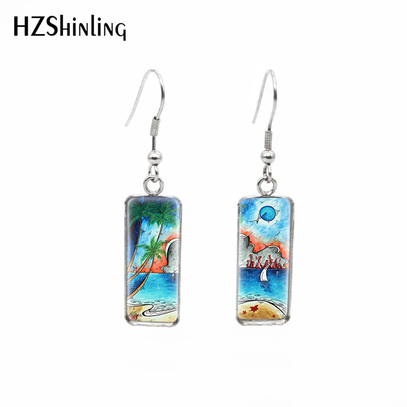 2020 New Coastal Tropical Beach Art Earring Summer Beach Rectangular Earring Handmade Hook Earrings Glass Surfing Jewelry