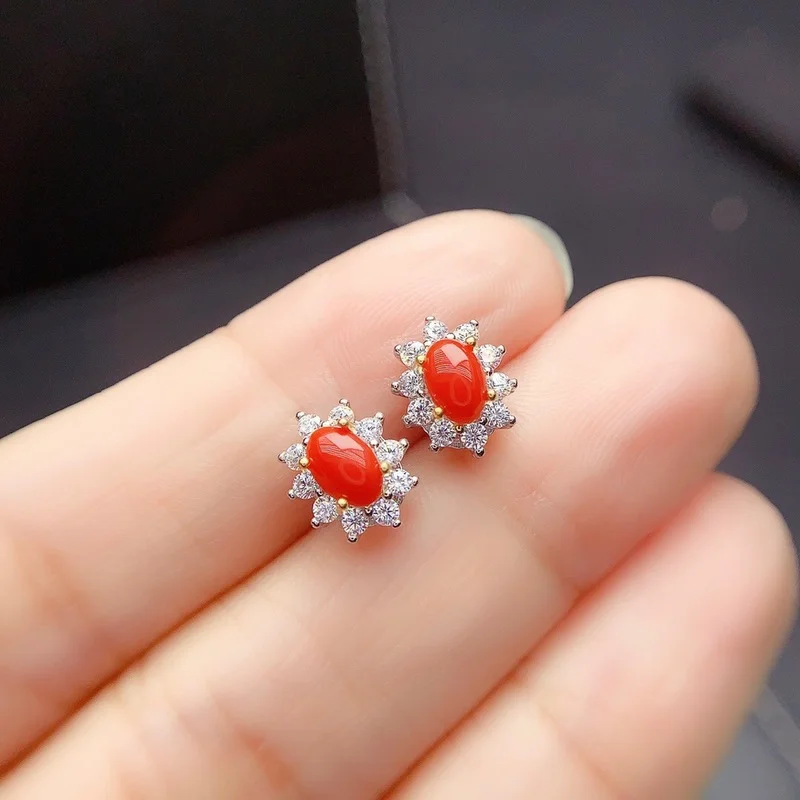 Jewelry Red Coral Stud Earring for Daily Wear 6*4mm Natural Precious Coral Earrings 925 Silver Red Coral Jewelry