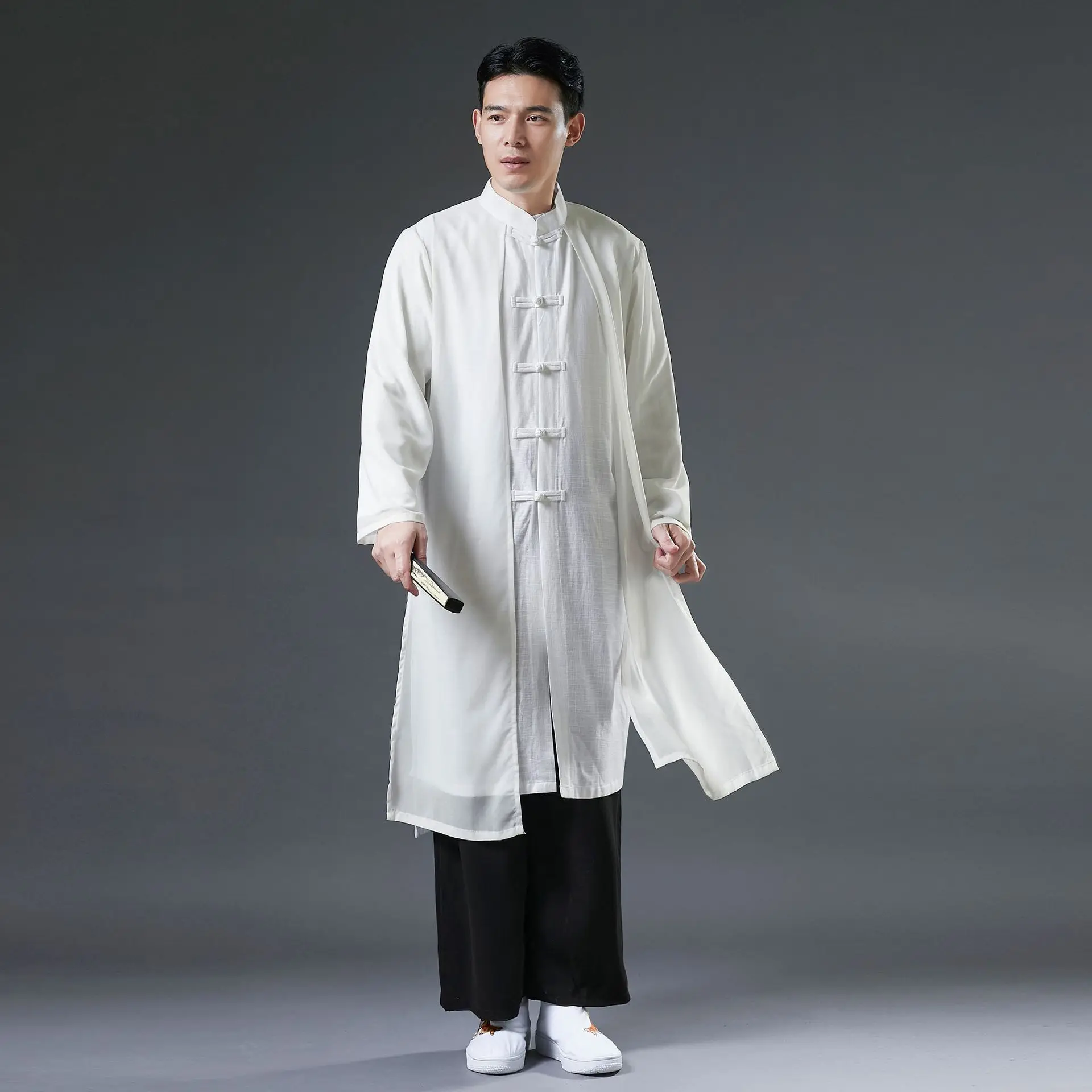 

Spring Men Chinese Traditional Chiffon Robe Gown Solid Plus Size XL Loose Tang Tops Mandarin Collar Hanfu Shirt Retro Button