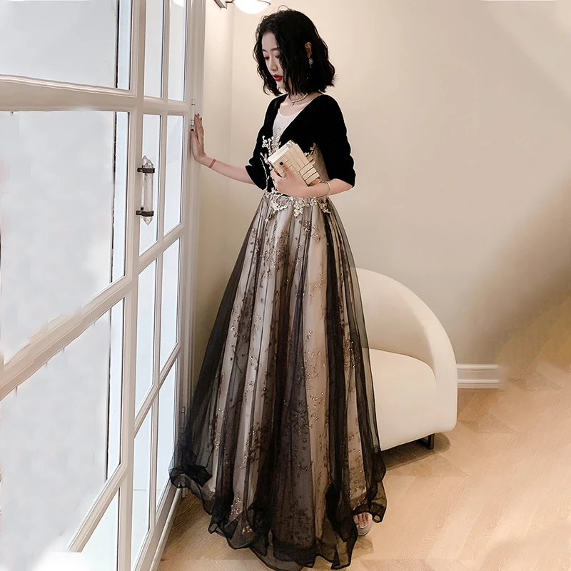 Evening Dress O-Neck Appliques Bling Luxurious Empire Half Sleeves A-Line Pleat Floor-Length New Woman Formal Party Gowns A951