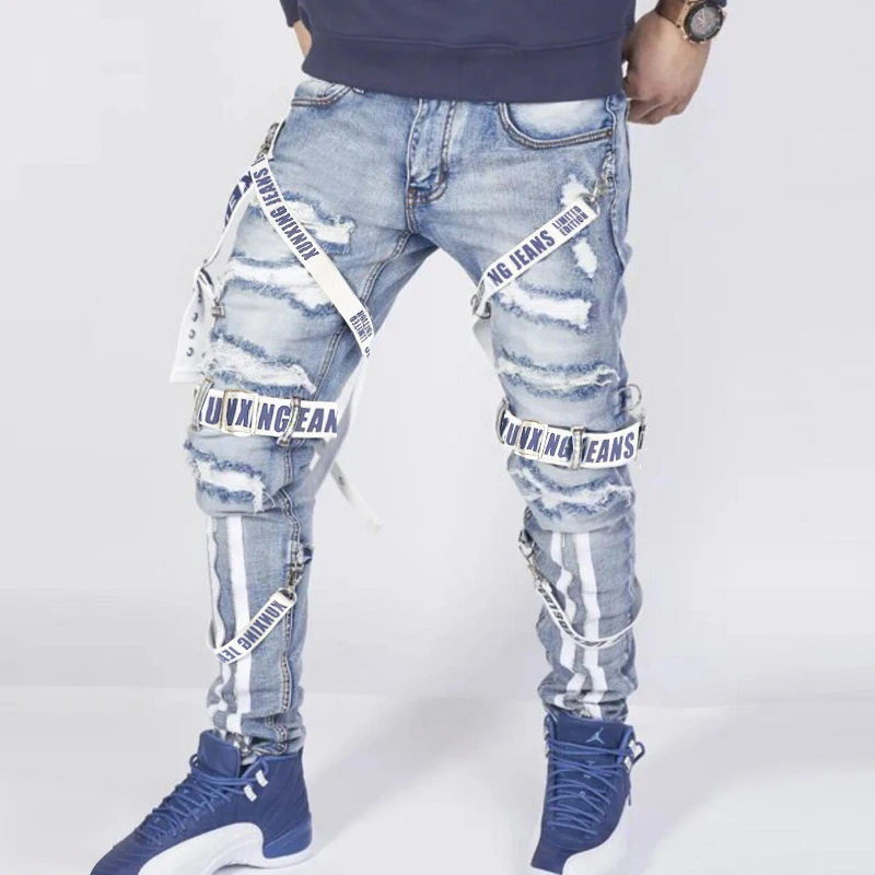 Celana jeans pria musim panas model longgar 2025, desain trendi gaya jalanan, celana lurus musim gugur, celana robek gaya motor untuk pria